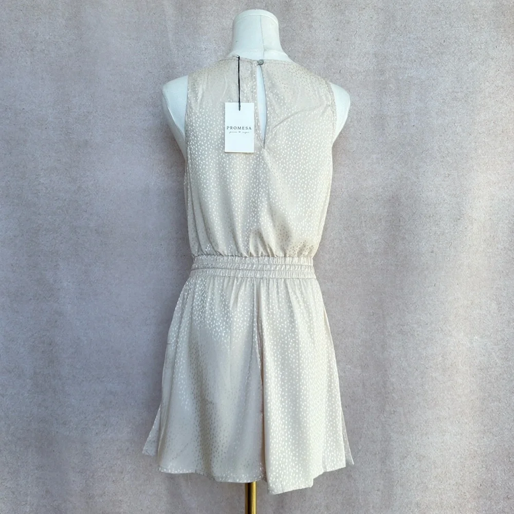 Promesa Silky Nude Romper With Champagne Accents Flattering Surplice V-Neck
